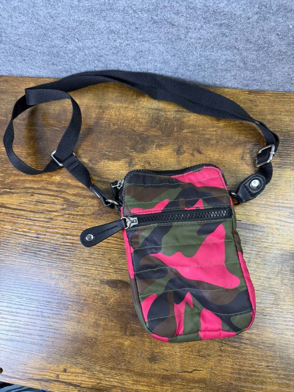 Sondra Roberts Squared Pink Green Multi Camo Crossbody Bag Shoulder Strap